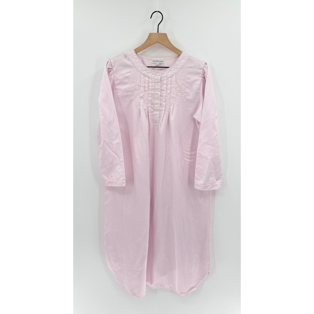 Miss Elaine Womens M Pink Long Sleeve Nightgown Floral Embroidery Lace Trim